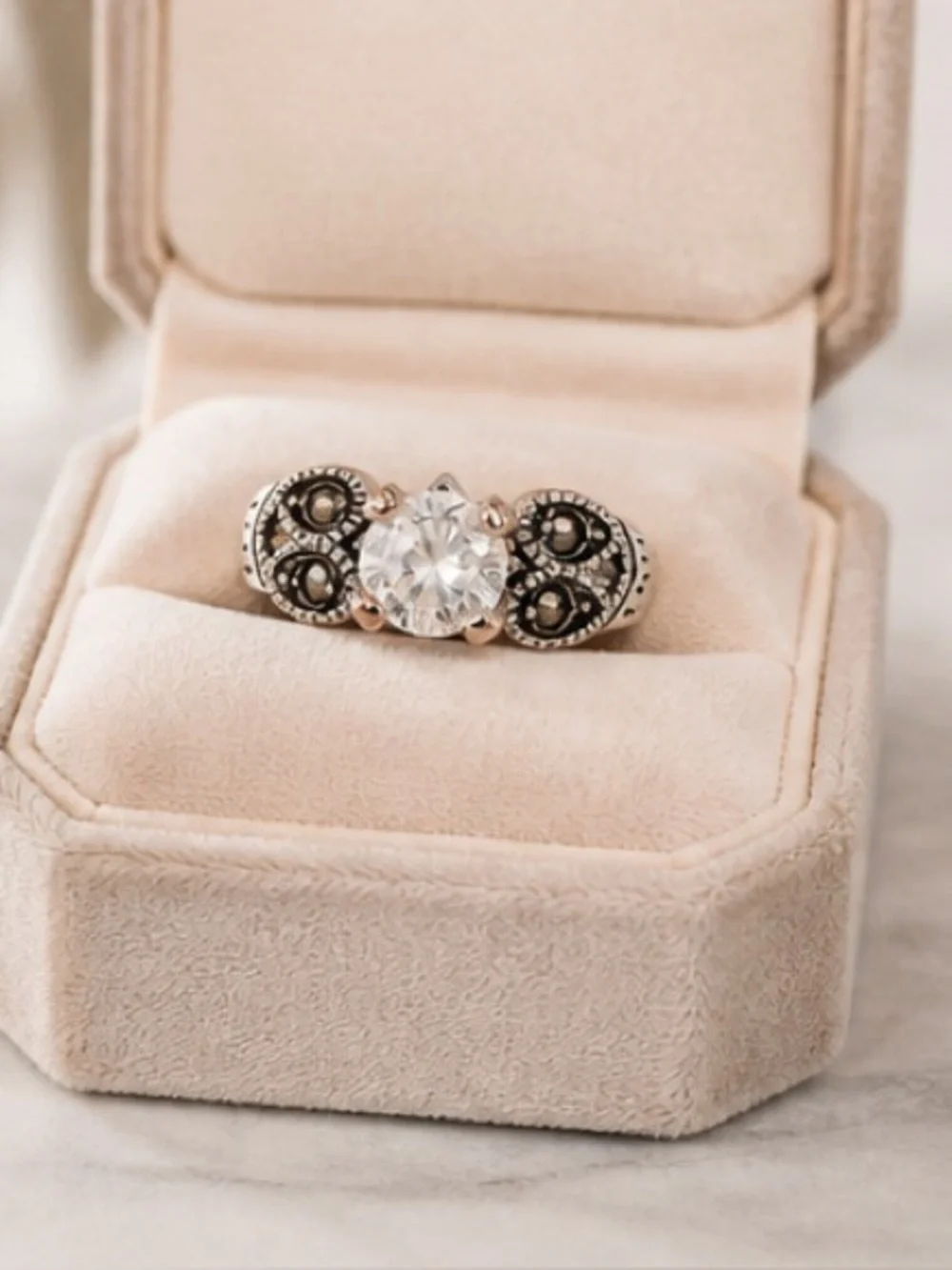 Vintage Style Marcasite and Round CZ Cut Stone Ring EDCO Size 10